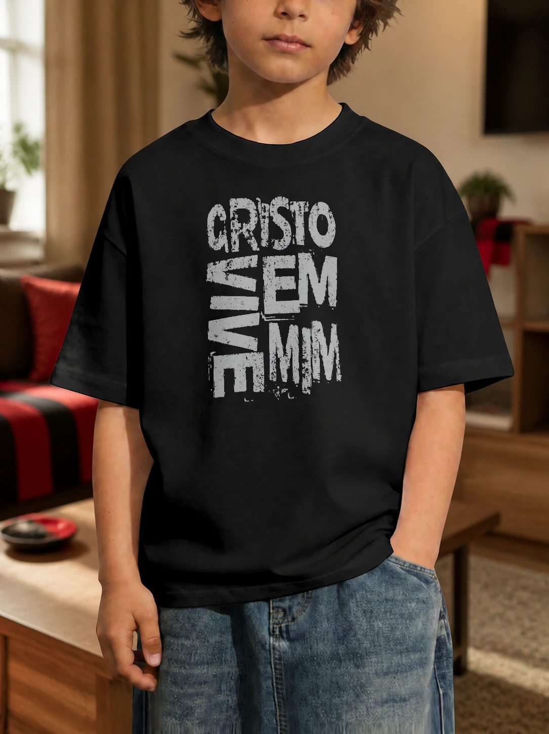 Camiseta infantil 180g Cristo Vive em Mim em cena de uso